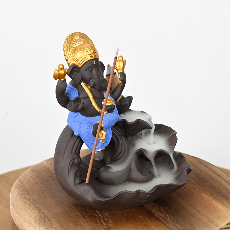 Blauer Keramik-Ganesha-Stil Wasserfall-Rückfluss-Räuchergefäß