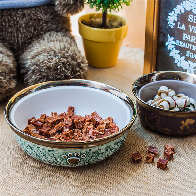 Gold Round Edge Bowl Bottom Printing Hund Fußabdrücke Keramik Dog Bowl Keramik Pet Feeder