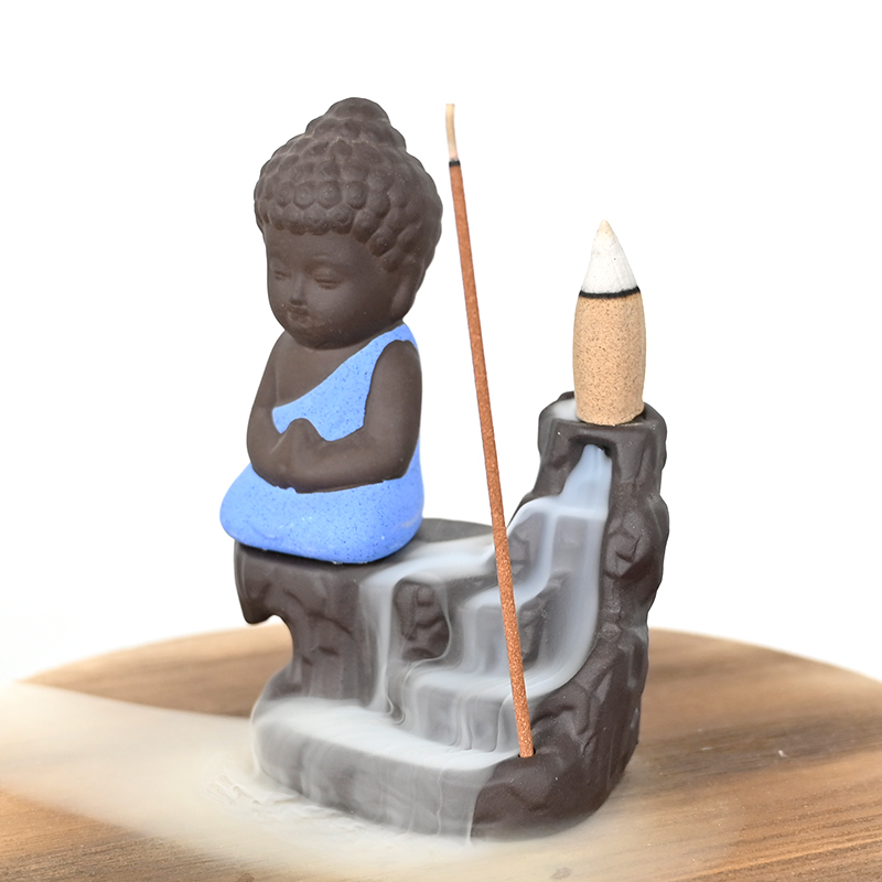 Keramik-Wasserfall-Rückfluss-Räuchergefäß Keramik-blauer kleiner Buddha-Wasserfall-Rückfluss-Räucherstäbchenhalter