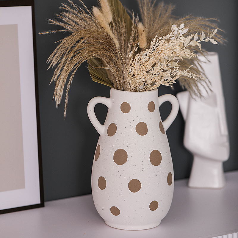 Keramikvase mit zwei Ohren Gold Punktmuster Keramik Gesichtsdesign Vase, Blumenarrangement Behälter Hauseinrichtung Dekoration