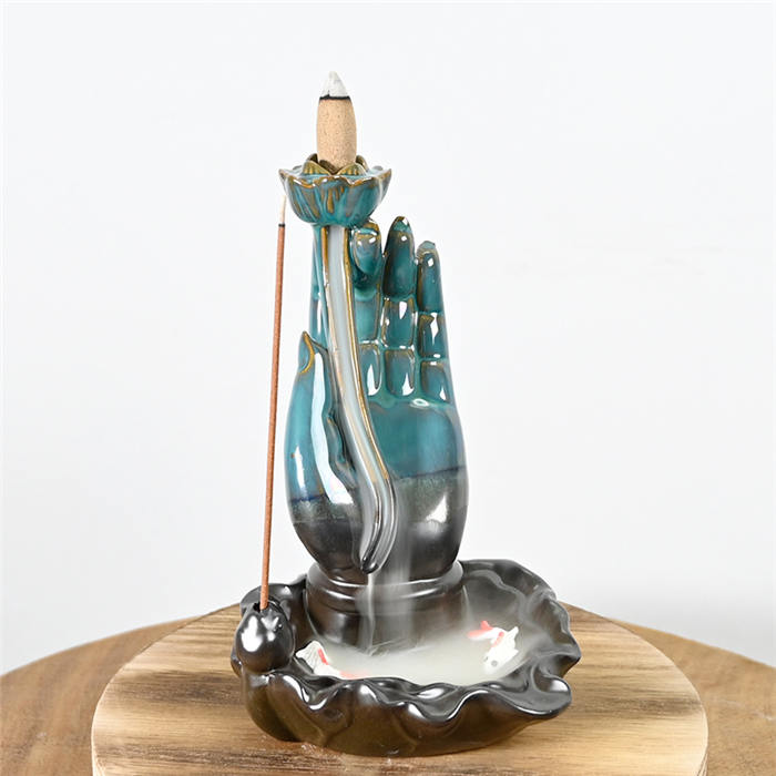 Keramik Buddha Hände blauer Rückfluss Räucherbrenner