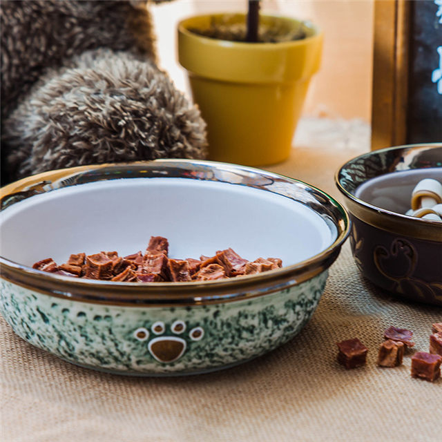 Gold Round Edge Bowl Bottom Printing Hund Fußabdrücke Keramik Dog Bowl Keramik Pet Feeder