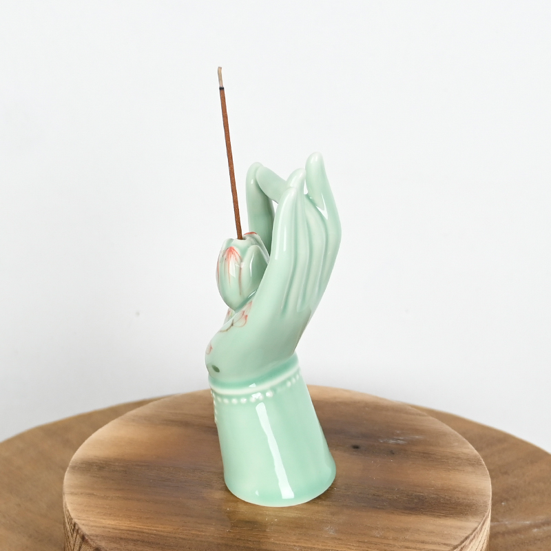 Keramik-Weihrauch-Stickhalter Hand bemalt Celadon Buddhas Handdesign 