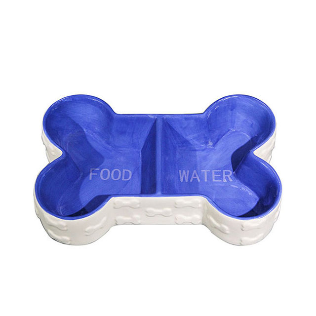 Schüsselboden Blaue Knochenform Doppelschüssel Design Hundenapf Keramikfutterbecken Tiernahrungsbecken Schönes Tierfutterbecken